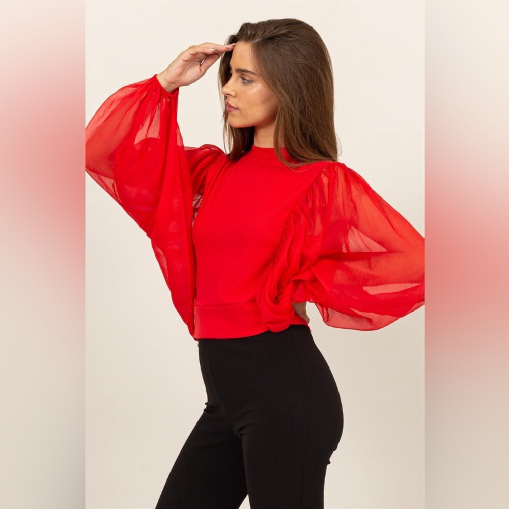 35B.  Sheer Long Sleeve Blouse - Red